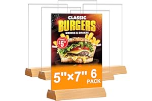 DUNGU 5x7 Acrylic Sign Holder - T Shape Clear Flyer Holder with Wood Base, 6 Pack Double Sided Picture Frames, Plastic Table Menu Display Stand for Wedding, Office, School, Restaurant