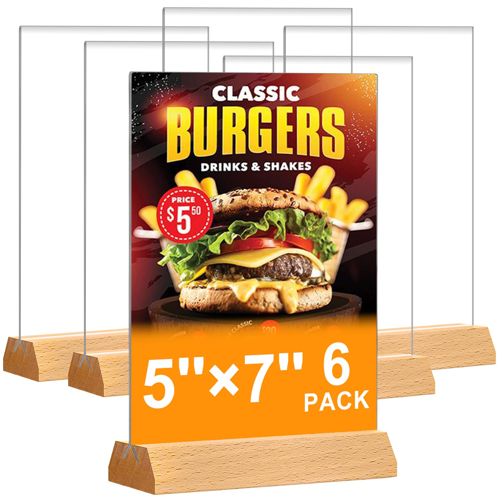 Photo 1 of 5x7 Acrylic Sign Holder - T Shape Clear Flyer Holder with Wood Base, 6 Pack Double Sided Picture Frames, Plastic Table Menu Display Stand for Wedding, Office, School, Restaurant