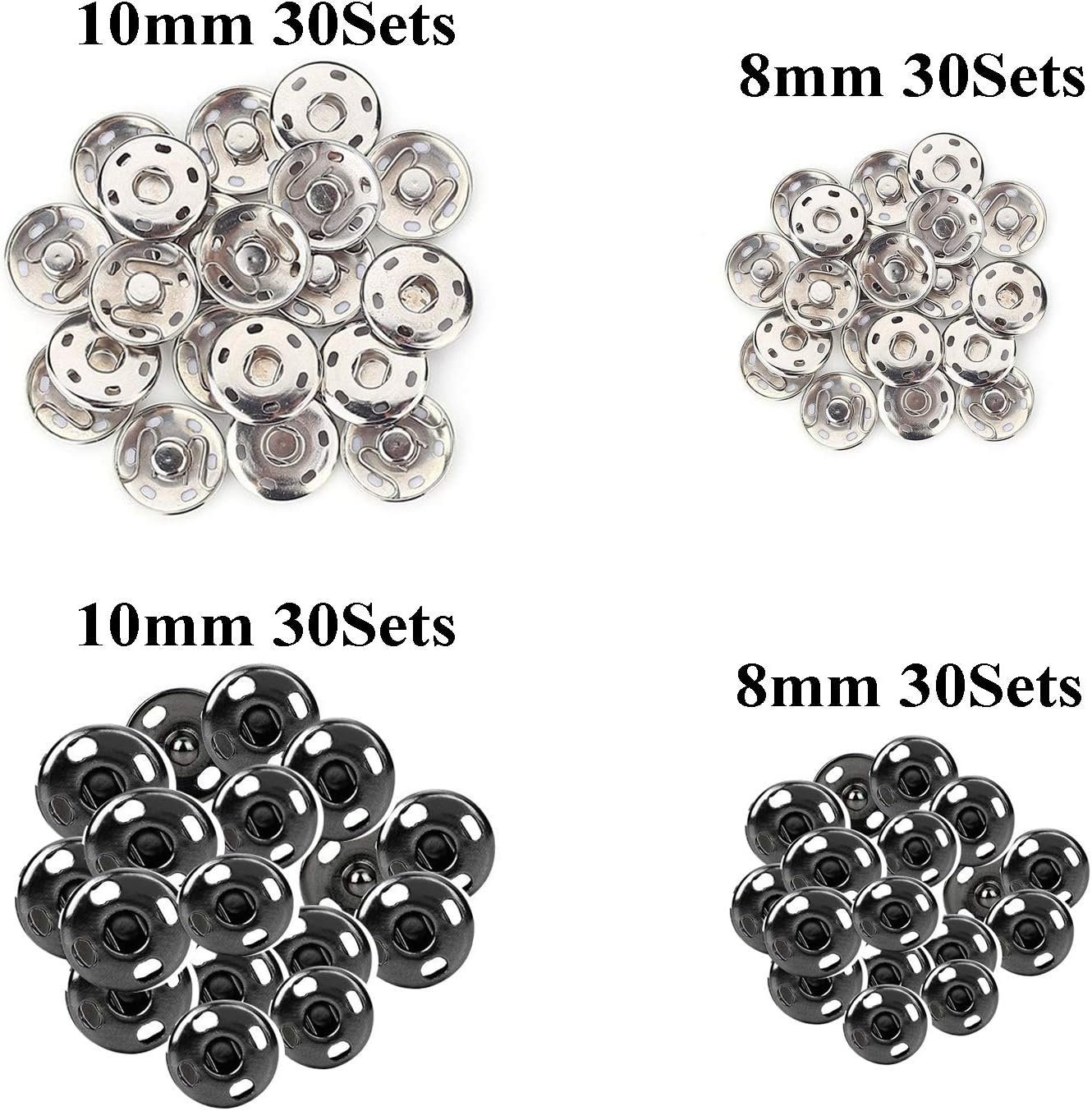 Kenkio 120 Sets Sew-on Snap Buttons Metal Snaps Fasteners Press Studs Buttons for Sewing, 8 mm and 10 mm, Black and Silver