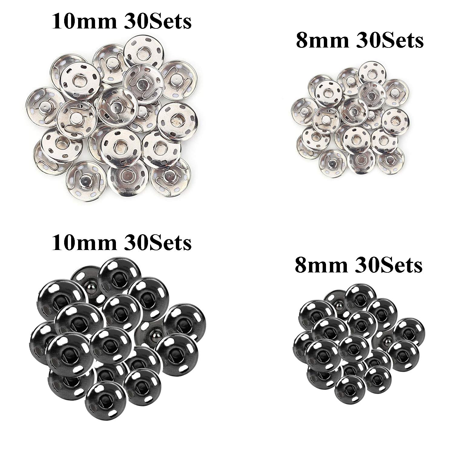 Kenkio 120 Sets Sew-on Snap Buttons Metal Snaps Fasteners Press Studs Buttons for Sewing, 8 mm and 10 mm,Black and Silver