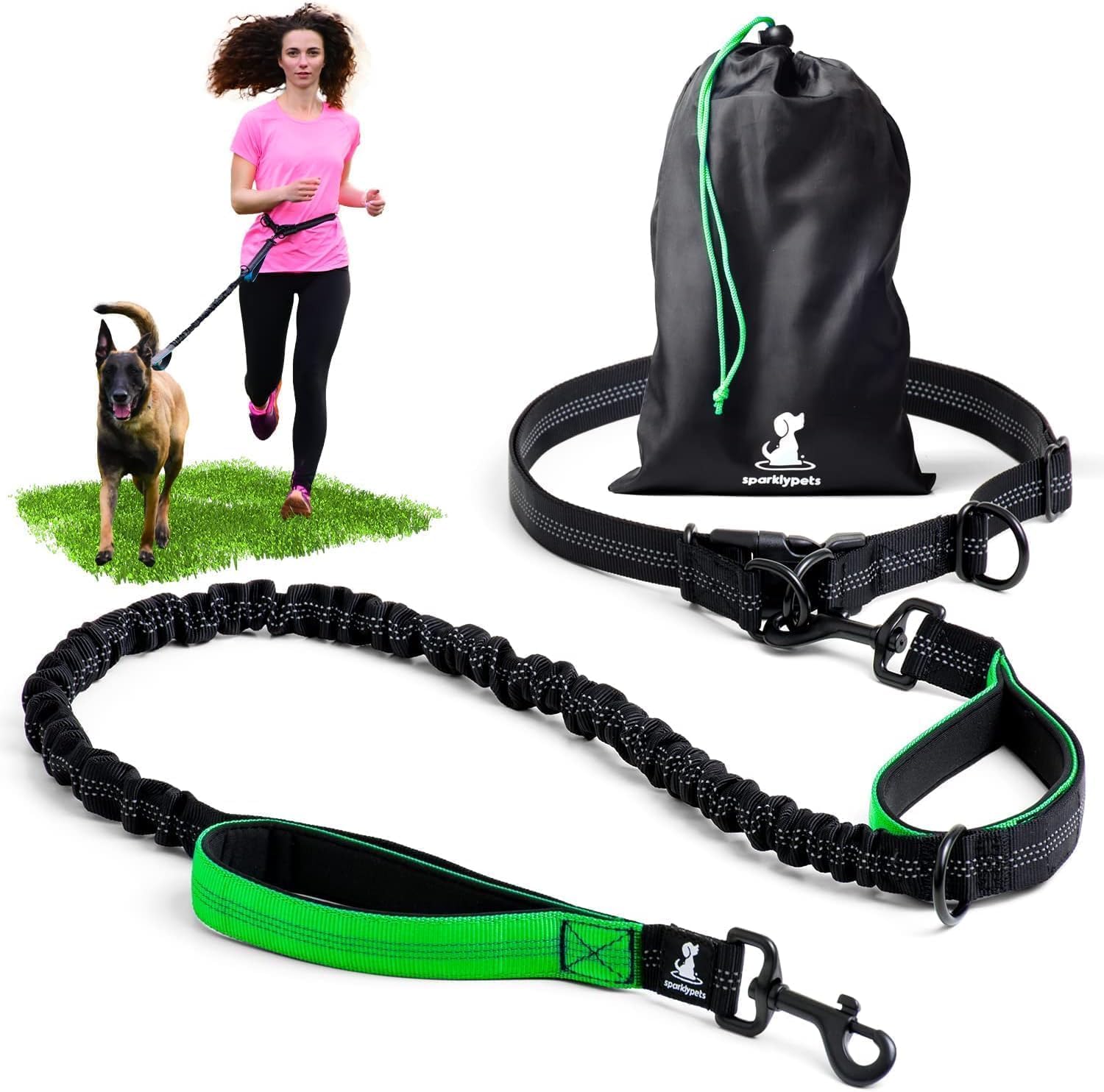 SparklyPets - Hands Free Dog Lead for Medium and Large Breeds - Professional Waist Leash for Walking, Hiking, Training, Jogging, Canicross, Running with Reflective Stitches (Green, For 1 Dog)
