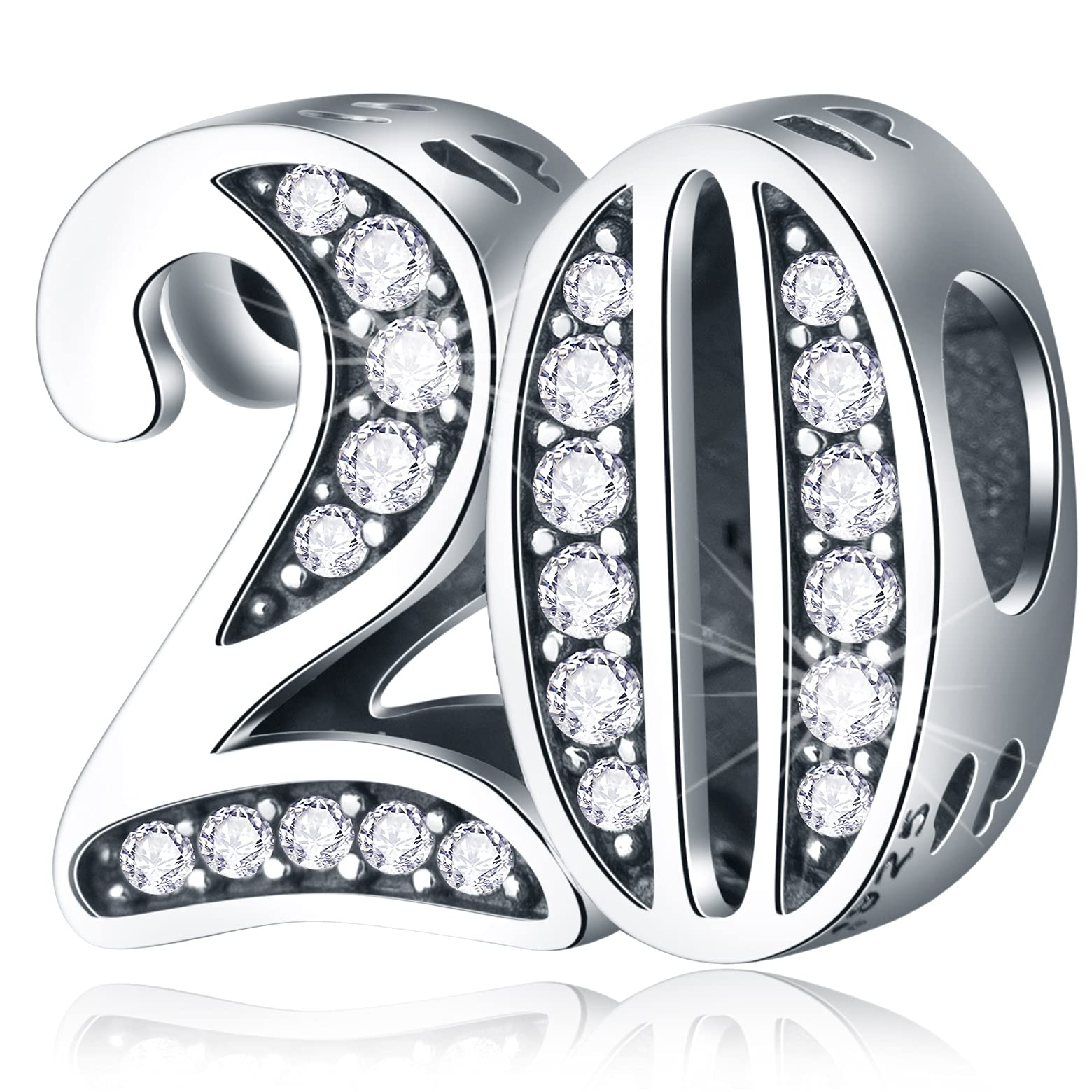 20 Anniversary Charms fits Pandora Birthday Bracelet, 925 Sterling Silver 20th Birthday Beads with CZ Birthstones, Number 20 Years of Love Gifts for Girl/Boy/Graduation