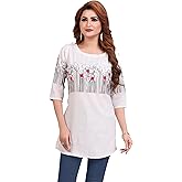 ladyline Women's Cotton Linen Tunic Top | Beautiful Printed with Embroidery | 3/4 Sleeves Hip Length Kurti Casual Summer Wear