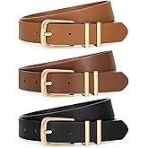 LEACOOLKEY 3 Pack Women's Leather Belts for Jeans Dress Pants Fashion Ladies Leather Belts with Gold Buckle