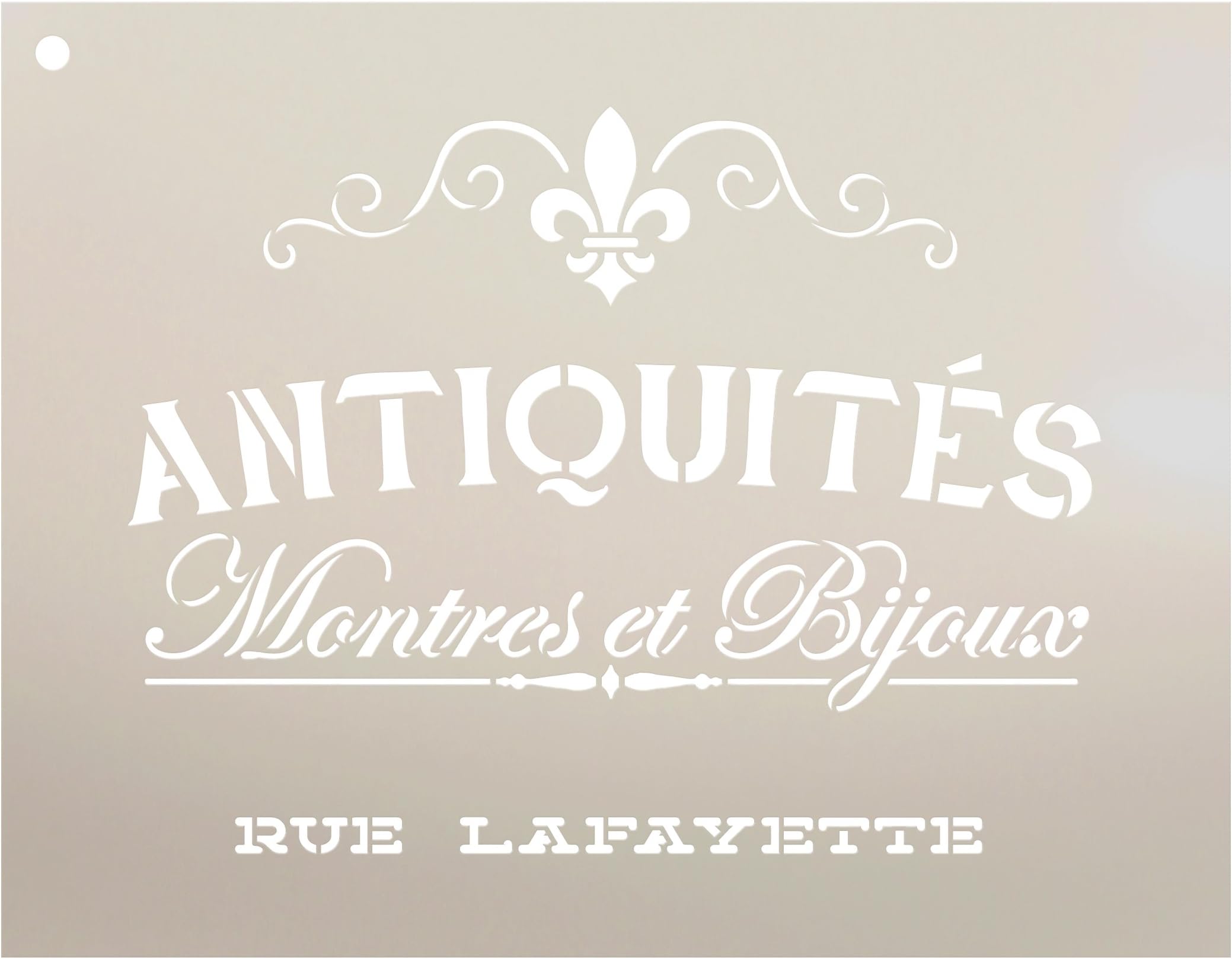 Antiquities Montres Et Bijoux Rue Lafeyette Stencil by StudioR12 | French Words - Watches Jewelry Reusable Mylar Template | Painting, Chalk, Mixed Media | Wall Art - STCL2329 - Select Size (9" x 7")