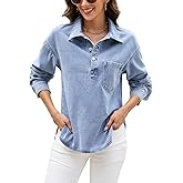 EZAPINE Denim Tops for Women Long Sleeve Denim Shirt Blouses Button Up Pullover Jean Shirt with Pocket