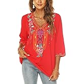 LauraKlein Women's Summer Boho Embroidery Mexican Bohemian Tops V Neck 3/4 Sleeve Causal Loose Shirt Blouse Tunic
