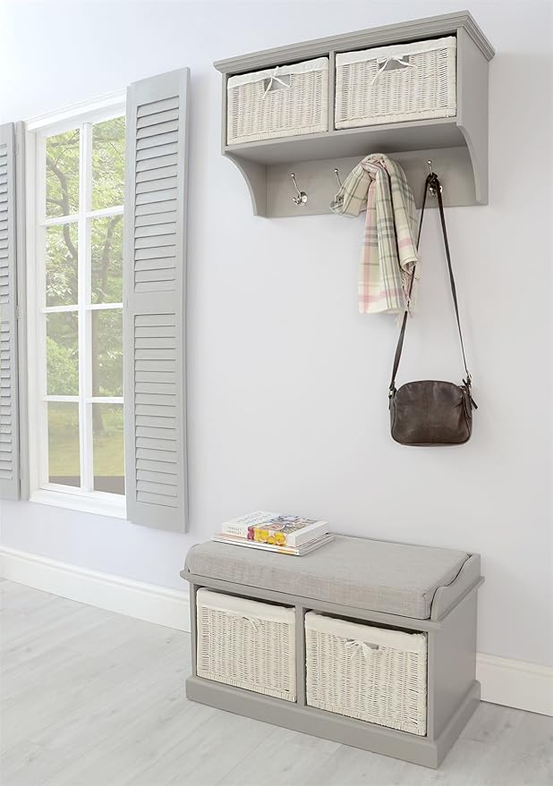 Tetbury Hallway Coat Rack and Bench. Dove Grey hanging shelf and