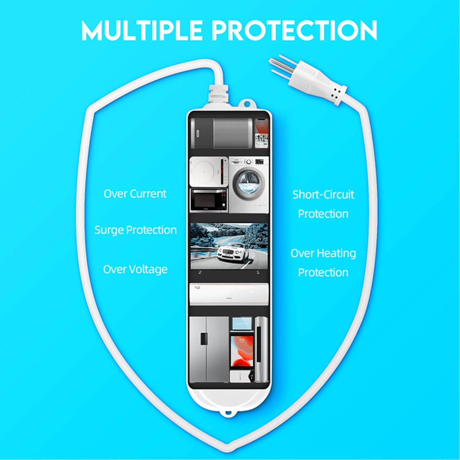 Outdoor Power Strip with Surge Protection Weatherproof Protector Waterproof International Outlet Electric Flat Plug Cord Travel White for Home Garden Patio Kitchen Living Room: Home Audio & Theater