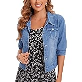 YOUNIFIZ Women's Short Denim Jacket 2025 Lapel Stretch Jean Coat Button Trendy 3/4 Sleeve Cropped Denim Jackets