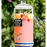 2 Gallon Beverage Dispenser with Stainless Steel Spigot + Marker & Chalkboard 100% Leakproof Glass Drink Dispenser for Parties with Spout, Airtight Beverage Serveware for Water Juice Laundry