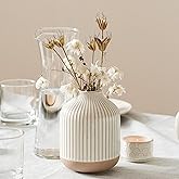 Boho Farmhouse Small Ceramic Vase for Pampas Grass & Flowers - 5.3 Inch Rustic White Vase, Centerpiece for Eucalyptus, Tiny Stems & Bouquets with Embossed Lines