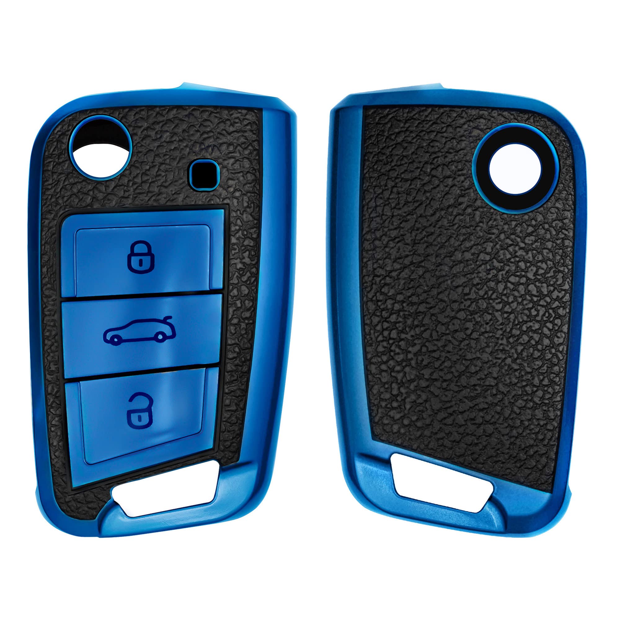 kwmobile Key Cover Compatible with VW Golf 7 MK7 3 Button Car Key - TPU Leather Look Car Key Fob Protector - Blue/Black