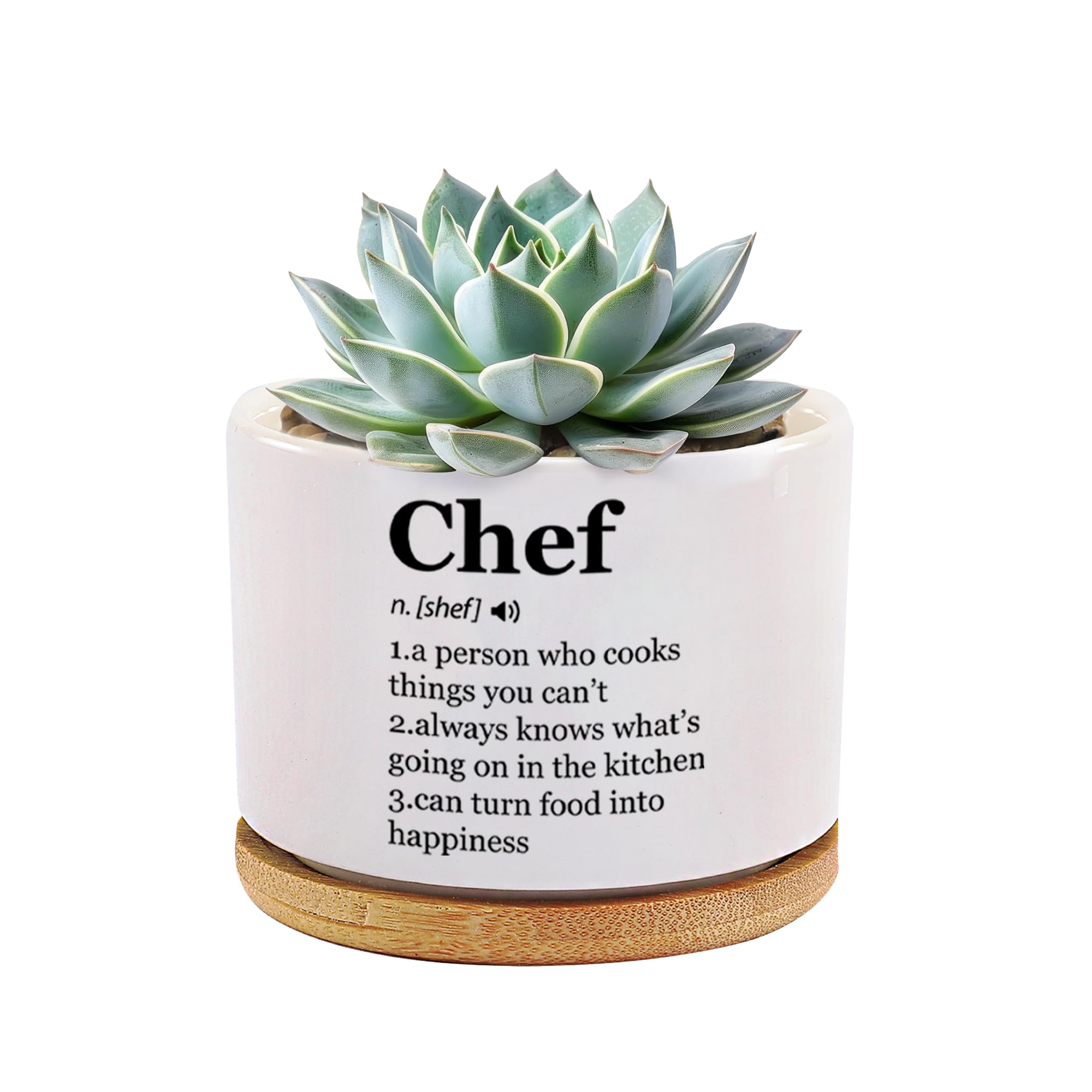 Photo 1 of Chef Definition Ceramic Succulent Plant Pot with Bamboo Tray Round Cook Culinary Student Sous Chef Pasty Chef Baker Home Office Decor Plant Lover 3.5 Inch White (No Plants)