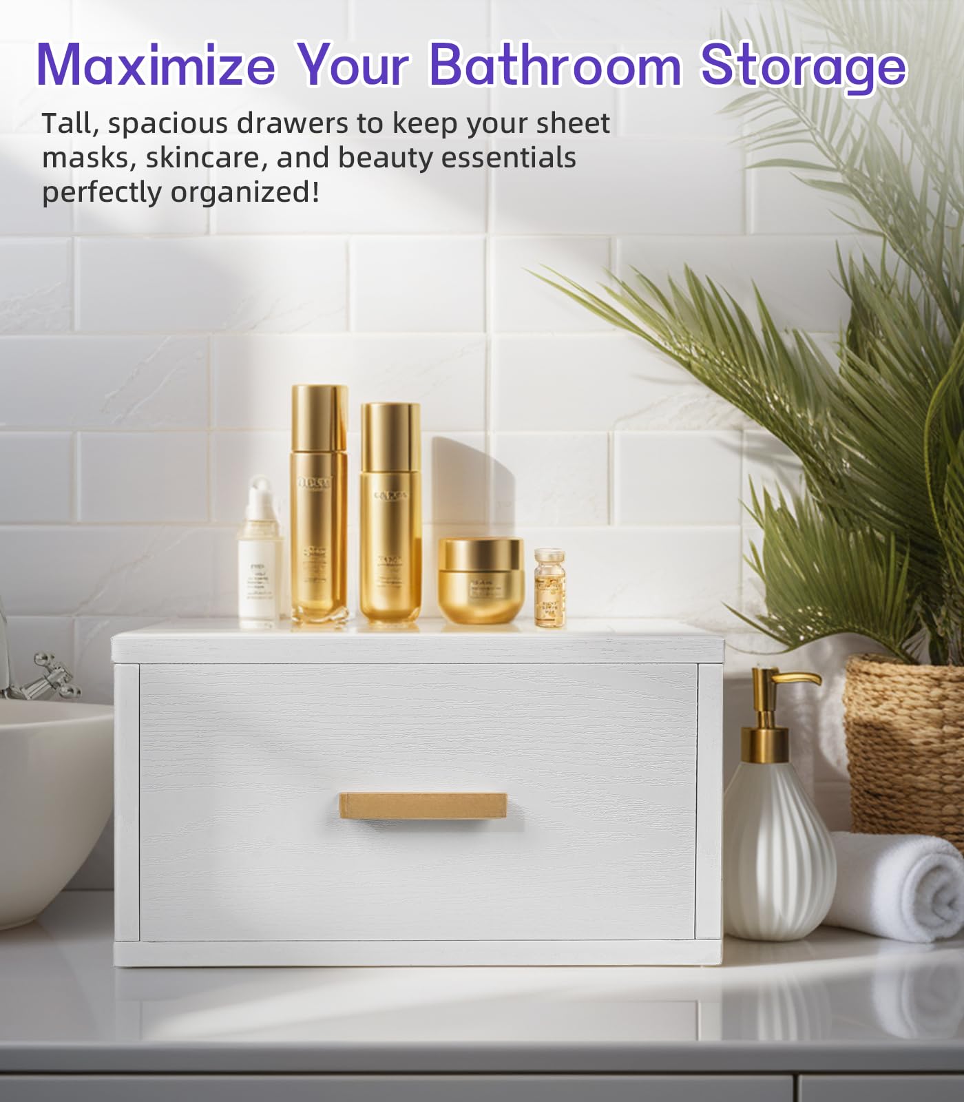 Mini Fridge Stand Holder with Drawer, Wood Vanity Organizer Countertop, Stackable Storage Drawer Box, Bathroom Counter Organizer, K-cup Coffee Pod Holder Drawer, White（Mini Fridge not included) - Image 4