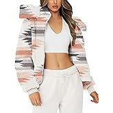 Micoson Women Faux Fleece Jacket Long Sleeve Stand Collar Coat Artificial Shearling Shaggy Cropped Top Winter Warm Fuzzy Overcoat (White Floral, L)