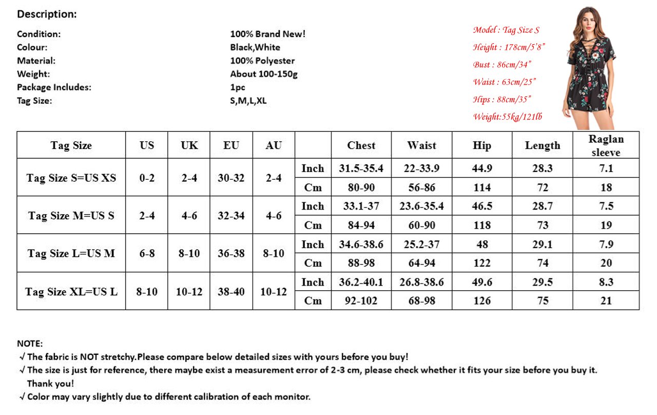 Ayliss Womens Short Sleeve Plunge V Neck Floral Lace-Up Loose Romper Playsuit,Black L