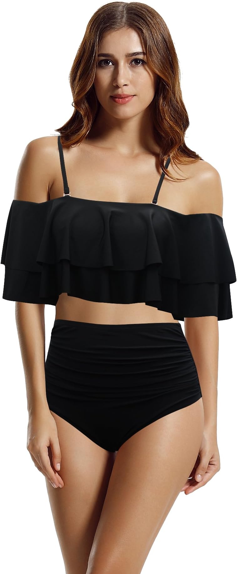 Women's High Waisted Bottom Off The Shoulder Ruffle Crop Bikini Bathing Suits