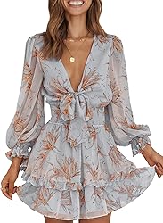 AlvaQ Womens Sexy Deep V Neck Tie Front Floral