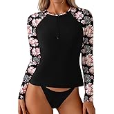 Dokotoo Women's Long Sleeve Rash Guard Zip Front Swim Shirt Sun Protection Surfing Top