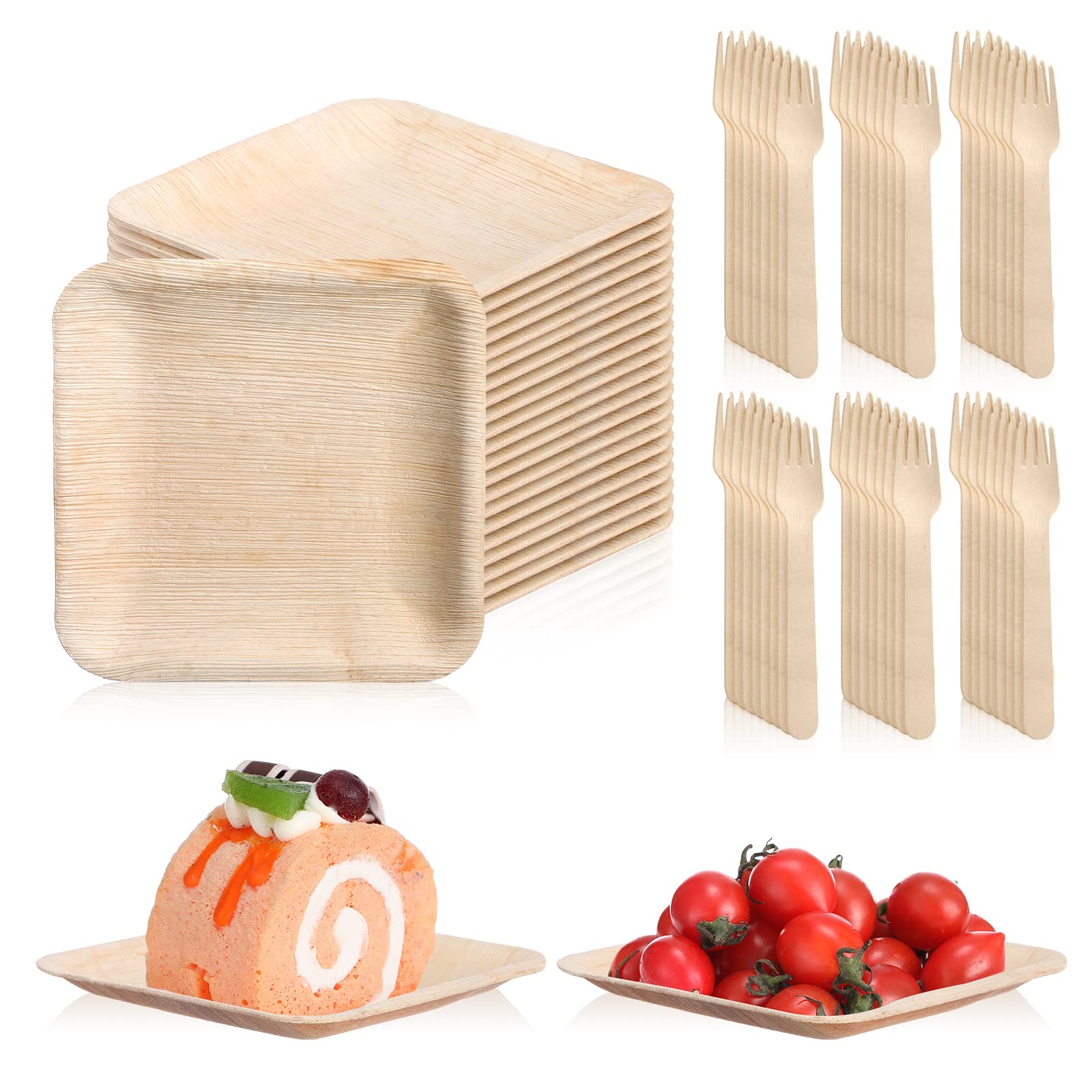 Photo 1 of Irenare 200 Pcs Palm Leaf Plates and Wooden Forks Set, 6 Inch Bamboo Square Disposable Party Plates Compostable Tableware for Appetizers Wedding Picnic Dessert BBQ Camping Events