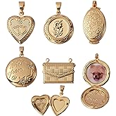 COGCHARGER 5 Pcs 5 Styles Brass Locket Pendants Photo Frame Charm for Necklace Heart Photo Frame Charm Pendants for DIY Memorial Necklace Making