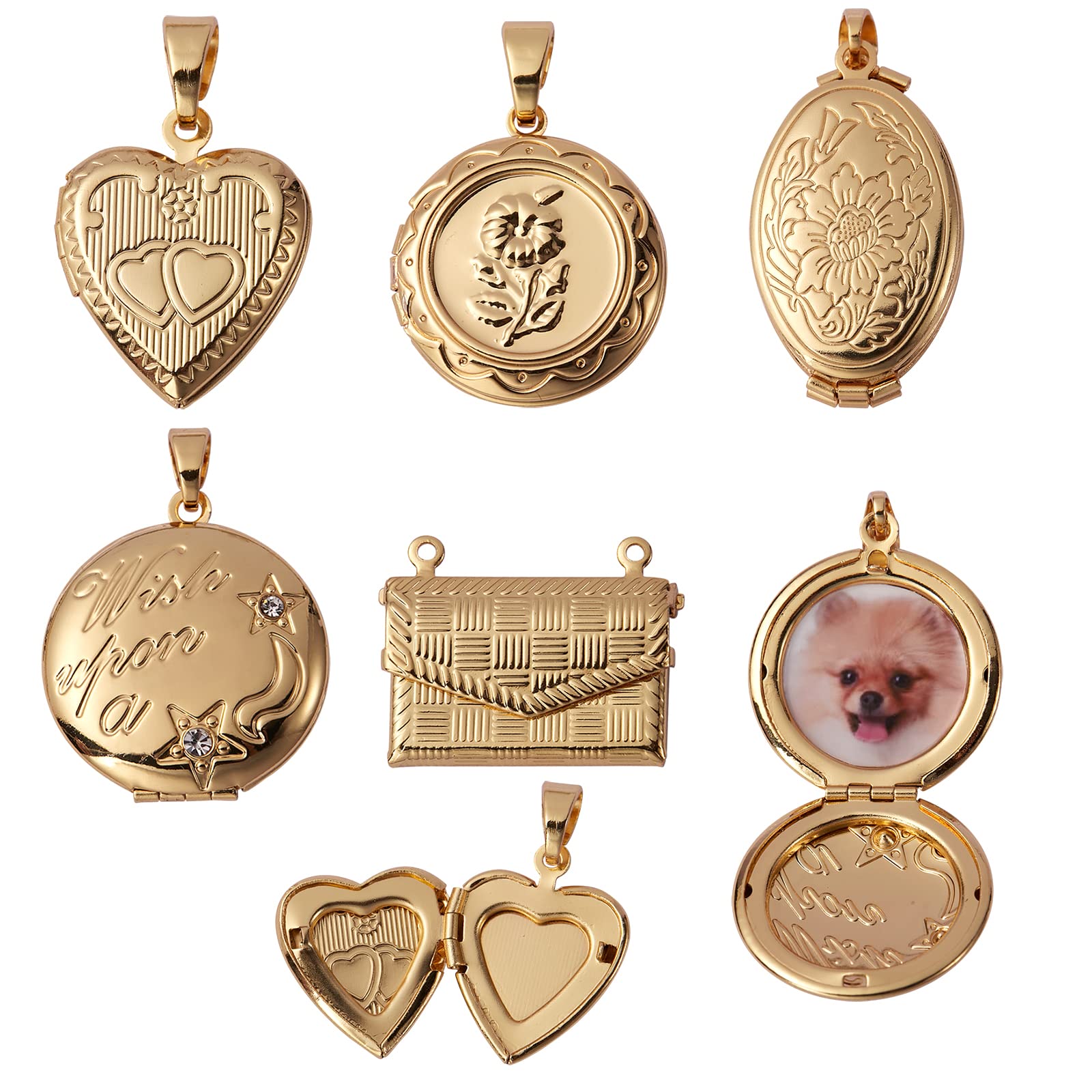 COGCHARGER 5 Pcs 5 Styles Brass Locket Pendants Photo Frame Charm for Necklace Heart Photo Frame Charm Pendants for DIY Memorial Necklace Making
