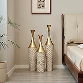 Metal Tall Floor Vase Set of 3, Large Gold Vase Decorative Tall Stand Vases for Dried Flower, Modern Home Decor for Living Ro