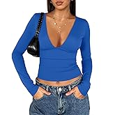 Tankaneo Women's Deep V Neck T Shirts Sexy Long Sleeve Casual Going Out Cropped Tops Slim Fitted Y2K Outfits