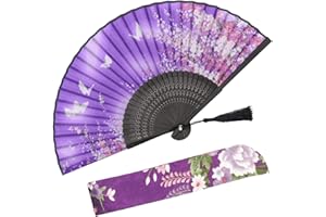 OMyTea® Women Hand Held Silk Folding Fans with Bamboo Frame - with a Fabric Sleeve for Protection for Gifts - Sakura Cherry Blossom Pattern (WZS-38)