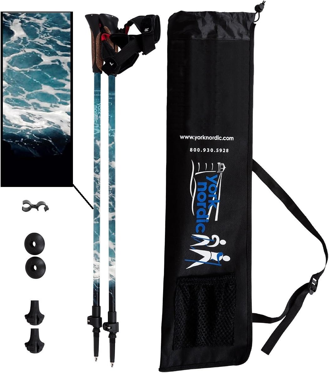 York Nordic Walking Poles - Classic Nordic Grips - Lightweight, Adjustable, and Collapsible -2 Pieces Adjustable w/flip Locks, Detachable feet and Travel Bag (Ocean Wave)