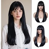 Bkiyyi Black Wig with Bangs for Women Long Straight Wig for Grils Heat Resistant Synthetic Wig Black Hair Wigs for Daily Party Halloween Cosplay Wig 24inch
