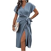SOLY HUX Women's Plus Size Wrap V Neck Knot Side Midi Dress Short Sleeve Flowy Party Dresses