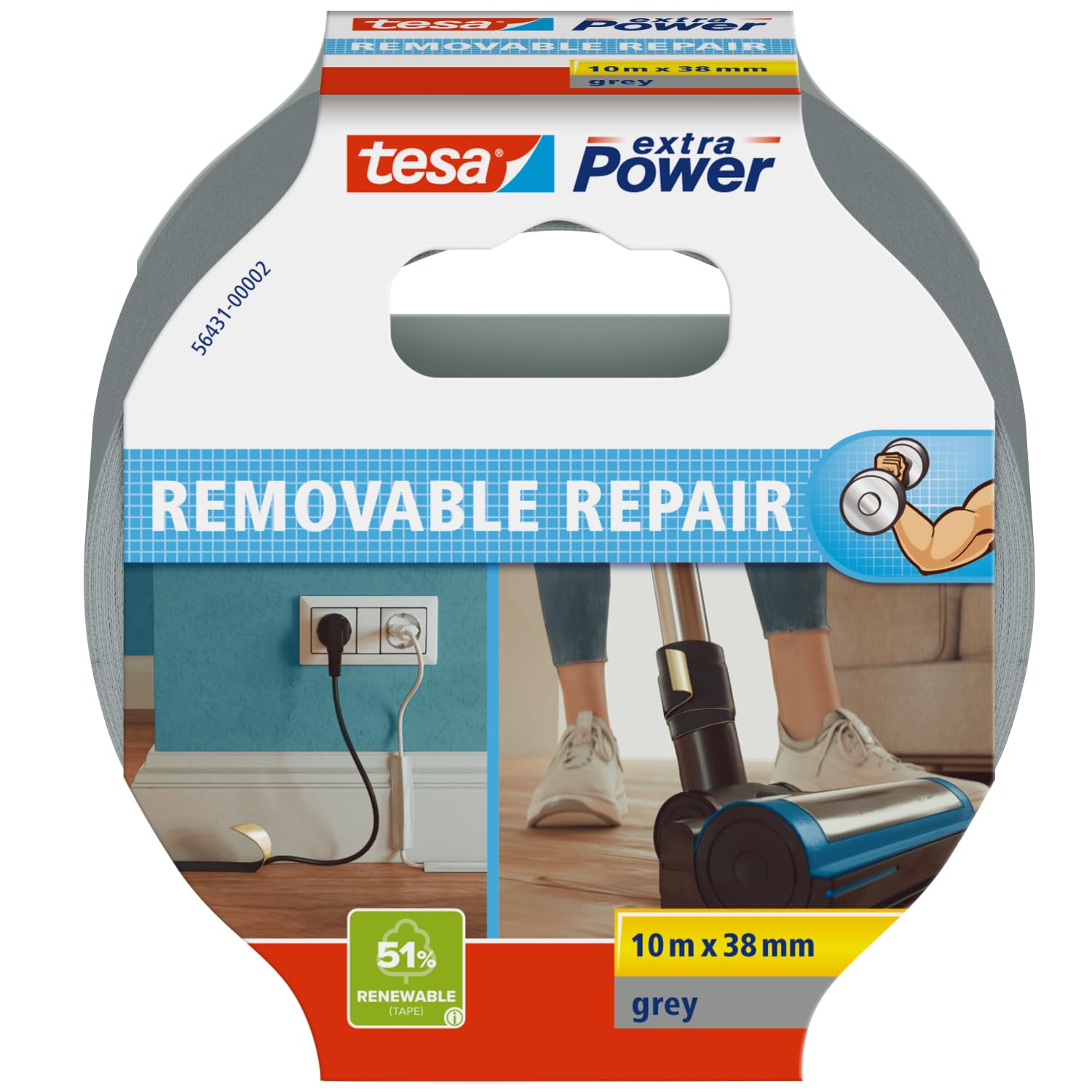 tesa extra Power Removal Repair – tear-resistant cloth tape with strong hold – hand-tearable – leaves no trace when removed – 10m x 38mm – Grey