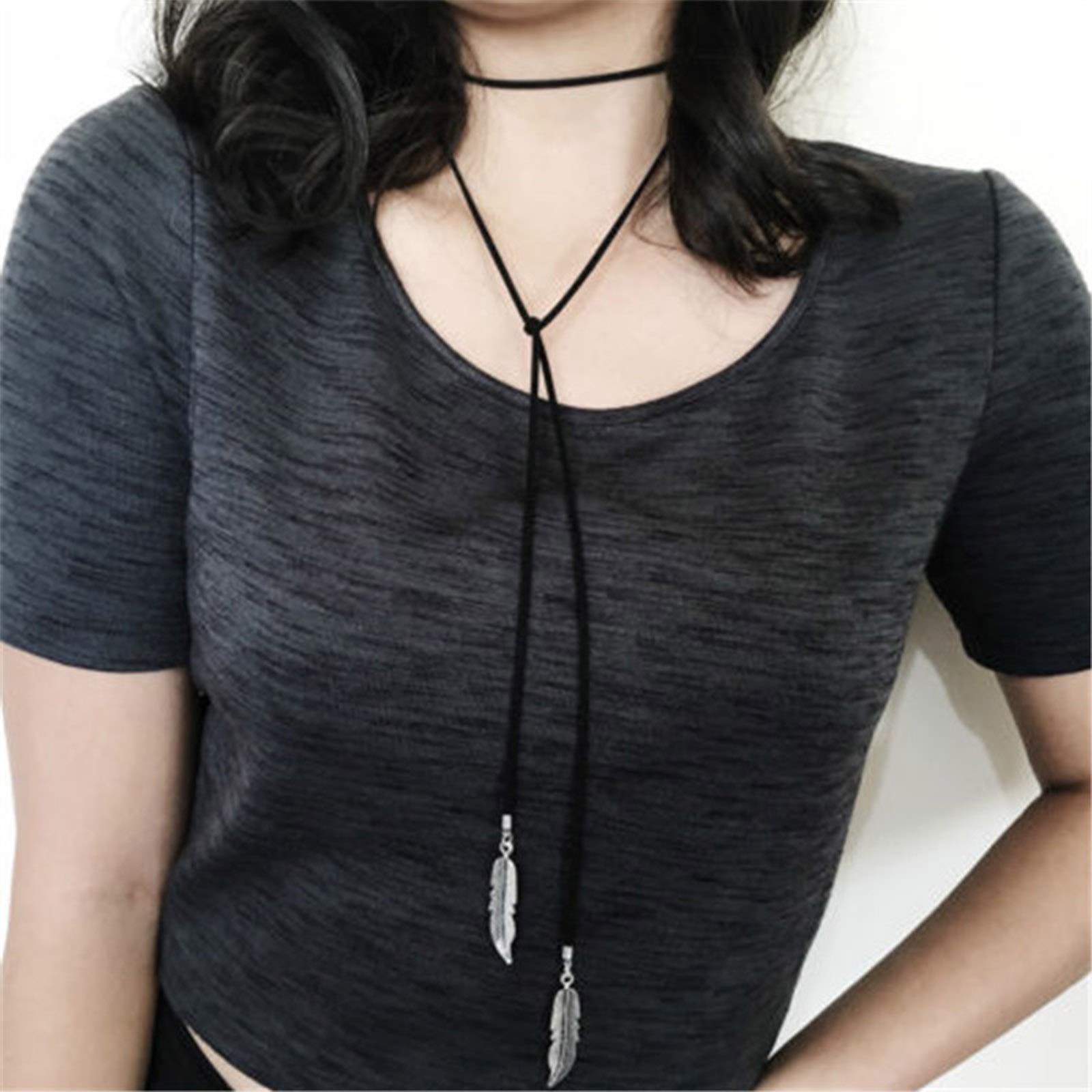 TseenYi Boho Suede Velvet Necklace Long Layering Black Cord Necklaces Feather Drop Necklaces Gothic Jewelry for Women and Girls (Silver feather)