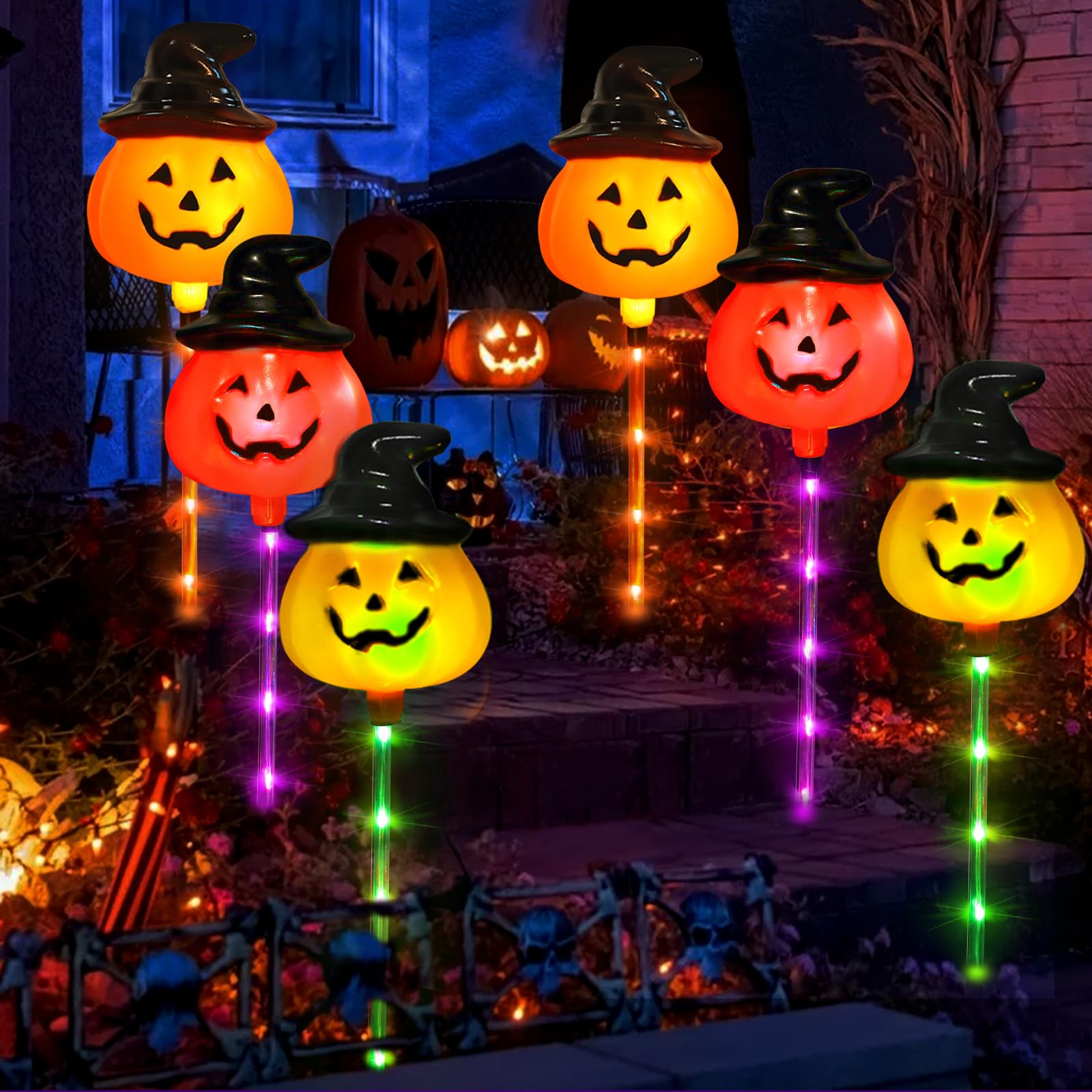 Photo 1 of DIYDEC Halloween Pumpkin Stake Lights, 6PCS Halloween Pathway Lights 3 Colors Changing Jack-O-Lantern Markers String Lights for Holiday Home Garden Yard Party Outdoor Decoration