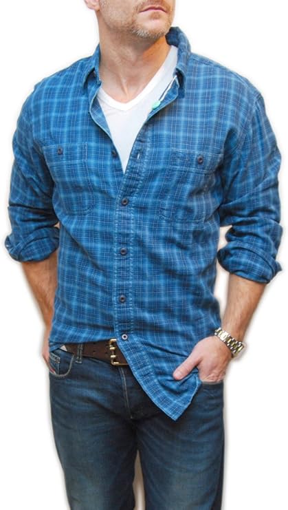 Ralph Lauren Double RL RRL Mens Vintage Flannel Workshirt Shirt Blue Navy Medium at Amazon Menâs 