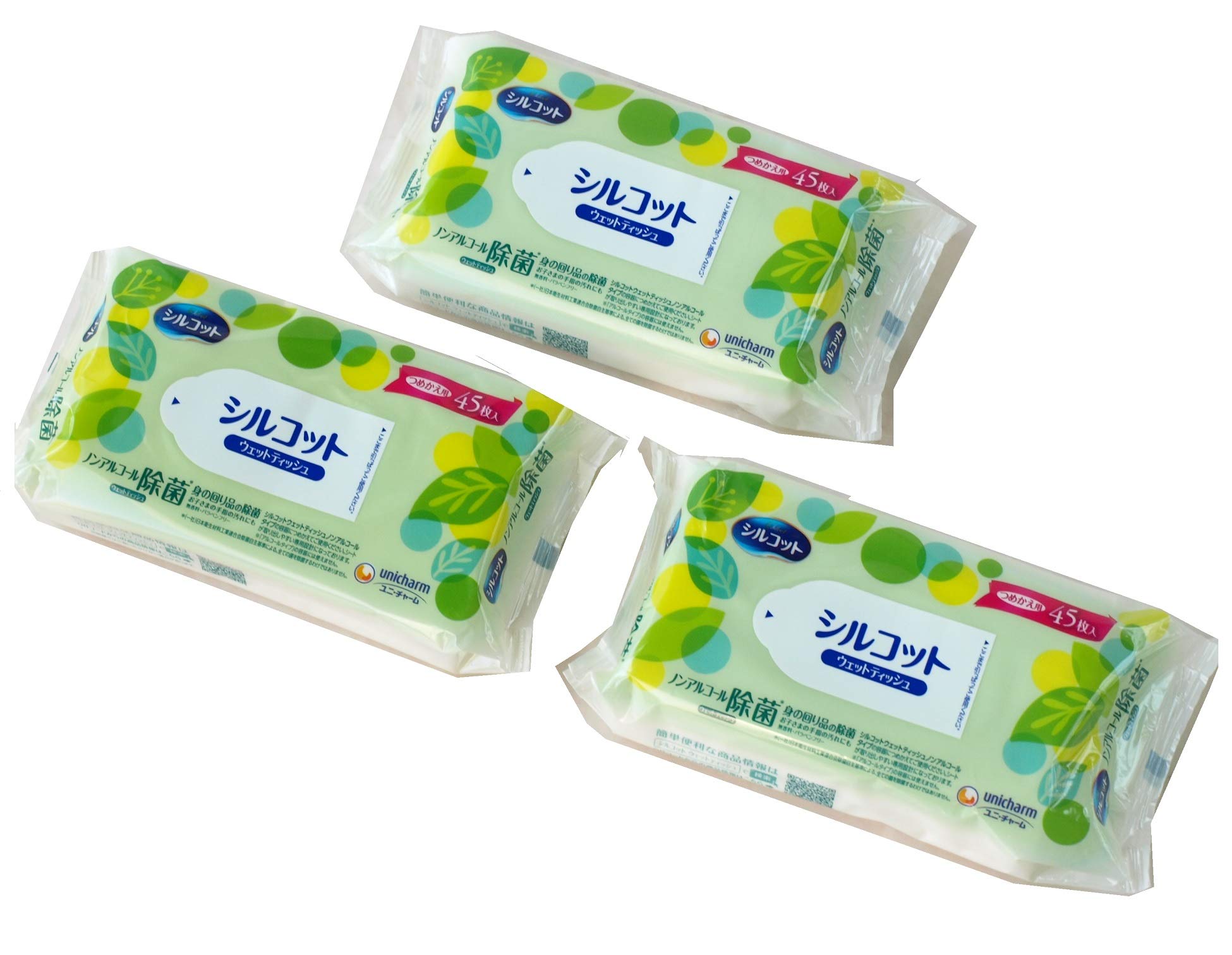 AC4YN-210868-3P ユニ・チャーム ノンアルコール除菌 ウェットティッシュ シルコット 無香料パラベンフリー つめかえ用 45枚入×3個セット商品画像