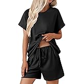 Ekouaer Womens Waffle Knit Pajama Sets Short Sleeve Top and Shorts Pj Set 2 Piece Lounge Sets With Pockets