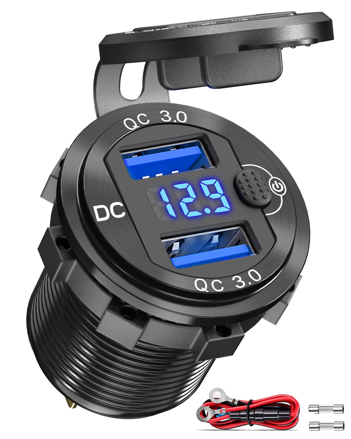 [Metal Shell] 12V USB Outlet Dual QC 3.0: Qidoe Aluminum Socket 12 Volt Motorcycle USB Outlet with LED Voltmeter Button Switch Waterproof 12 V Car Charger for Boat Marine Moto RV Golf Cart