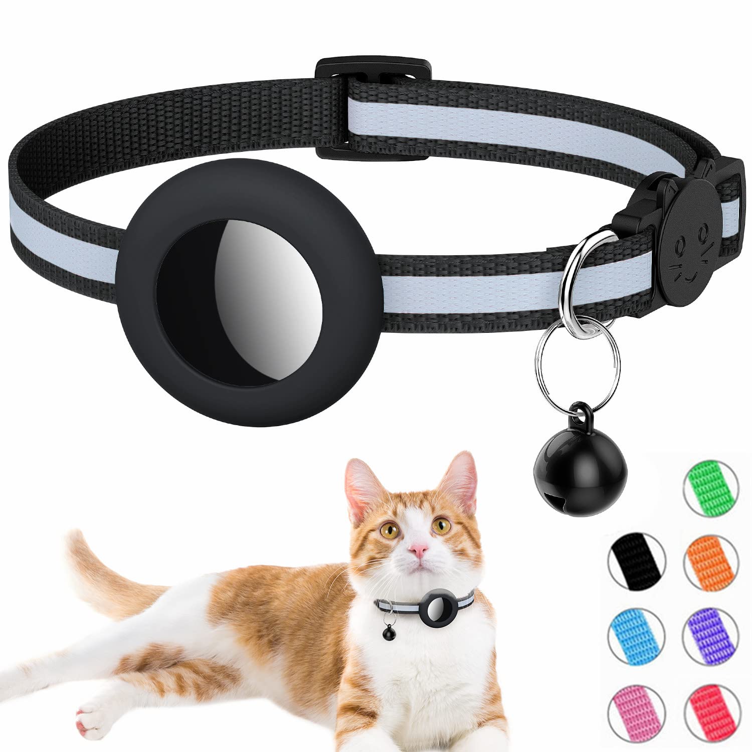 Airtag Cat Collar, Reflective Air tag Cat Collar with Bell and Prefect Size Waterproof Airtag Holder Compatible with Apple Airtag, Cat AirTag Collar with Breakaway Safety Buckle for Kitten (black)