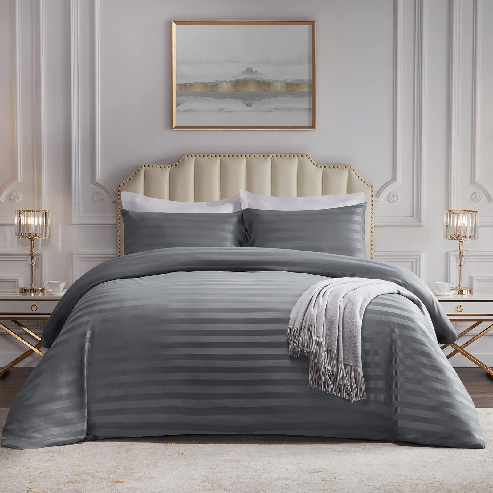 Lifewit Single Duvet Cover Set, Satin Stripe Reversible Soft Quilt Cover Bedding Set with 1 Pillowcase, 135 x 200 cm, Grey