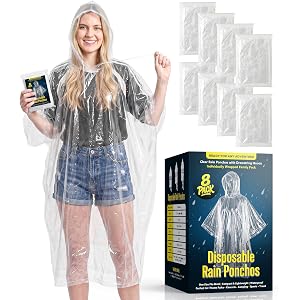 Disposable Rain Ponchos for Adults, Emergency Ponchos with Hood (8-Pack) | Clear Ponchos, Waterproof, Lightweight, Compact In