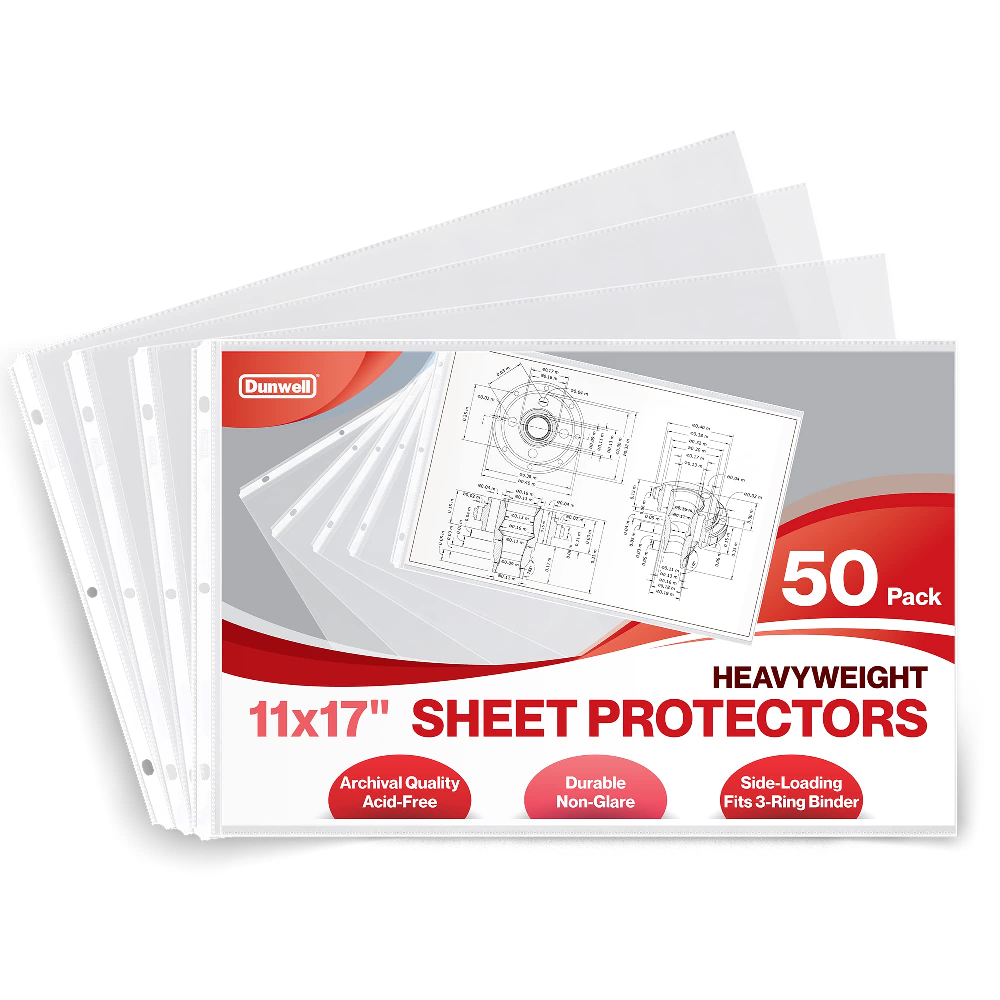 Dunwell 11x17 Sheet Protectors Landscape - (50 Pack, Heavyweight), 11 x 17 Ledger Size Plastic Sleeves, 3 Hole Punched, Fits 3-Ring Binders, Clear Archival Sleeves, Oversized Sheet Protectors