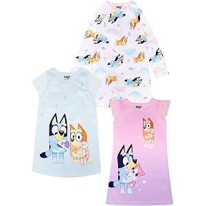 Bluey Girls' 3-Pack Comfortable Nightgown, Fantasy Gown, Soft & Cute Pajamas for Kids