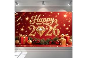 BlissYard 2026 Happy New Year Backdrop Gold Diamond Glitter Banner Red Background with Gift Boxes Party Decoration Photography Background 71x43 Inches New Year Eve Celebration Decor