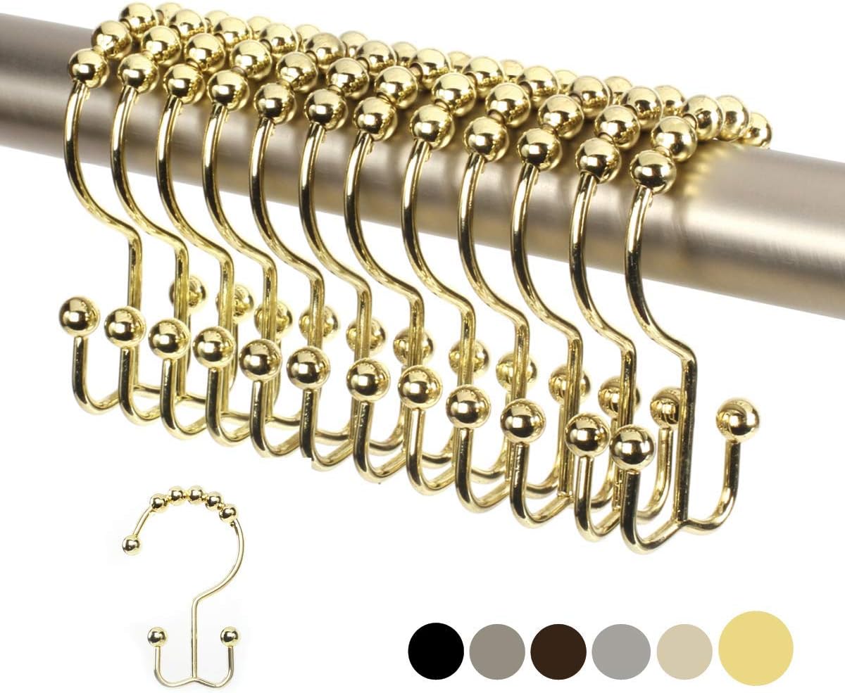 2lbDepot Double Shower Curtain Hooks Rings (Brushed Nickel, Satin Decorative Finish) Premium Rust Resistant Stainless Steel Metal Hook, Roller Balls Glide on Shower Rods, Set of 12: Home & Kitchen