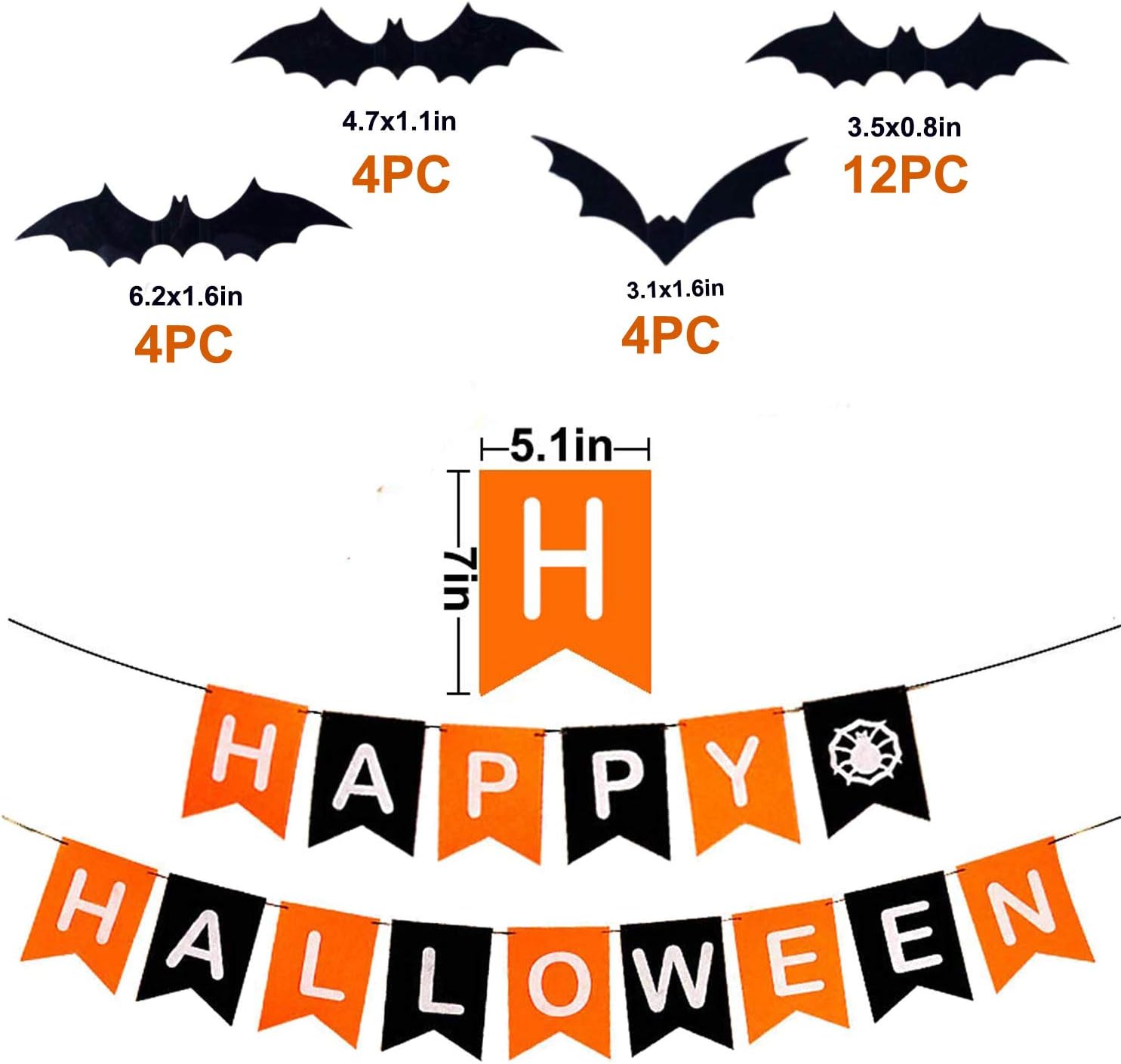 Halloween Party Decoration Kit - Happy Halloween Banner and Hanging Paper Fans Black Orange 3D Bat Stickers for Halloween Decoration: Health & Personal Care