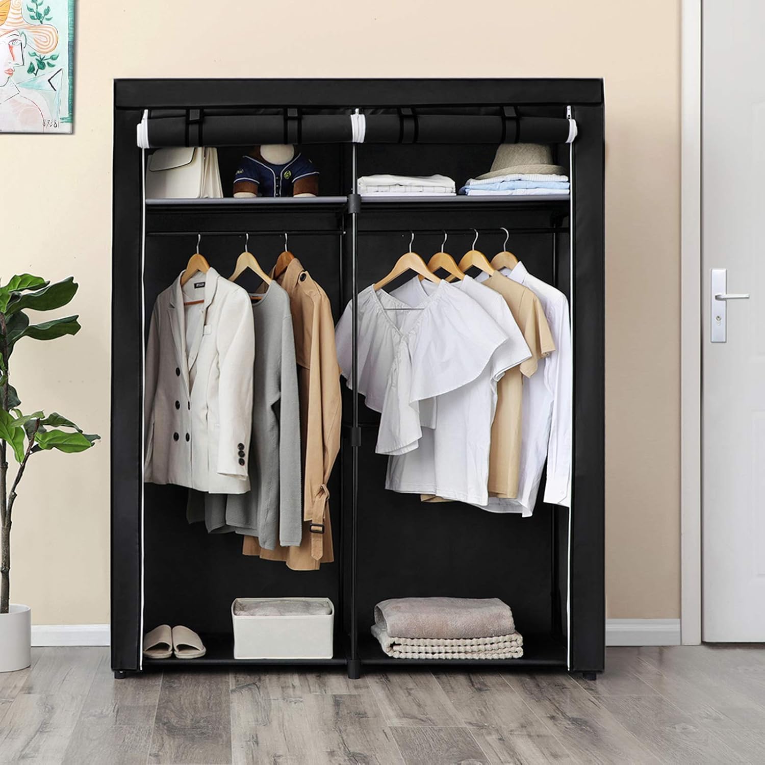 SONGMICS Wardrobe, Clothes Storage for Bedroom with 2 Rails, Fabric Portable Wardrobe, Collapsible, Rack - Image 3