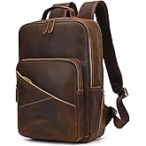 SAIION Vintage Full Grain Leather Backpack for Men, 16" Laptop Rucksack For Men Hiking Trave Work Business Bag, Brown